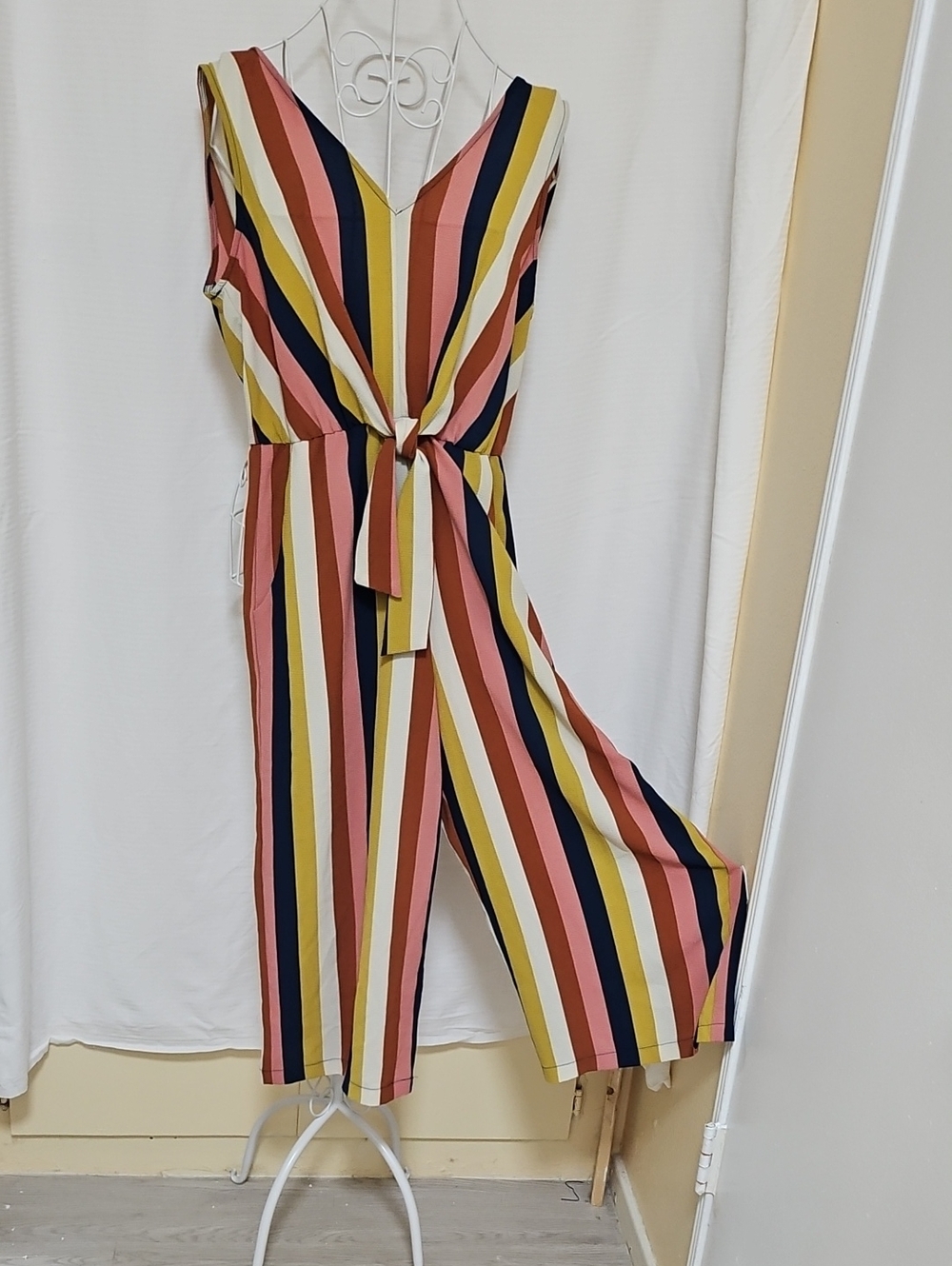 Lily Rose Striped V-Neck Tie-Waist Jumpsuit — Multi-Stripe